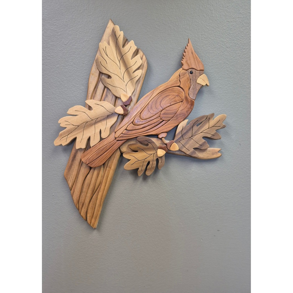 Handmade Wood Intarsia Cardinal Wall Art Signed Rustic Cabin Bird Decor 3d